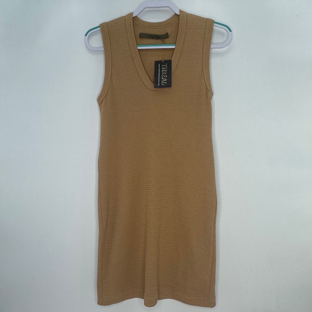 ENZA COSTA Puckered Knit Dress Camel Tan Sleeveless Ribbed Midi NWT Size L USA